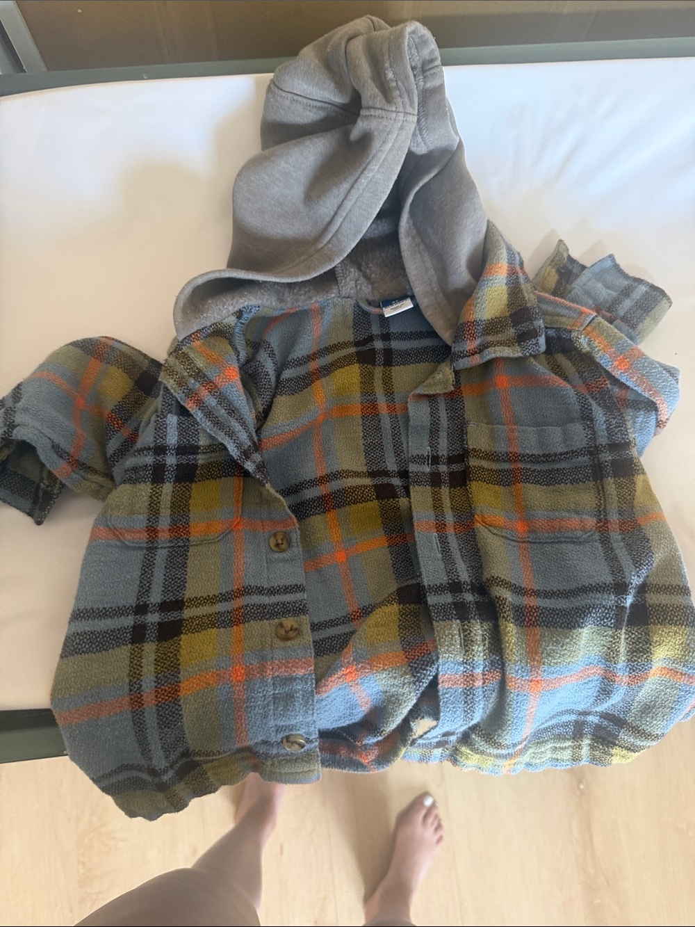 Old Navy Kids Plaid Hooded Button-Down Shirt Jacket - Gray, Olive & Orange